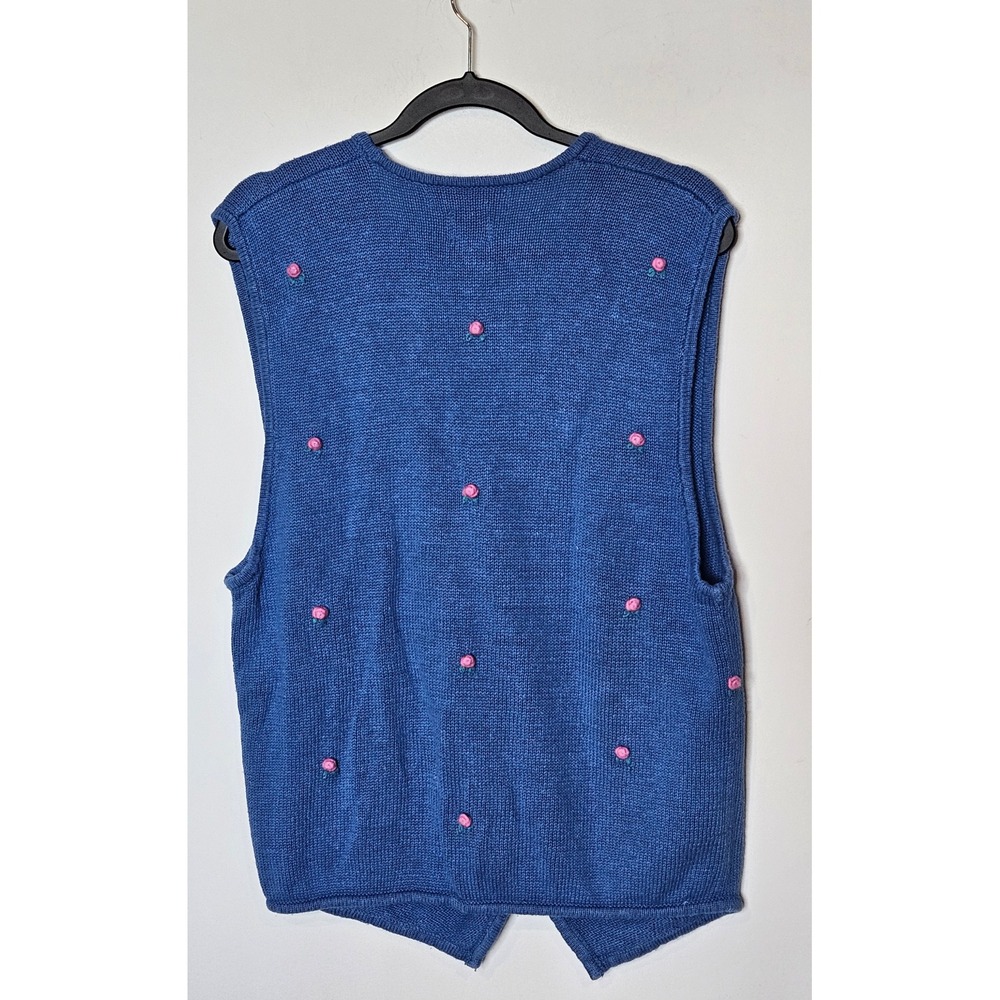 IVY Vintage Hand Embroidered Angel Floral Knit Grandma Sweater Vest Blue XL - Picture 5 of 5